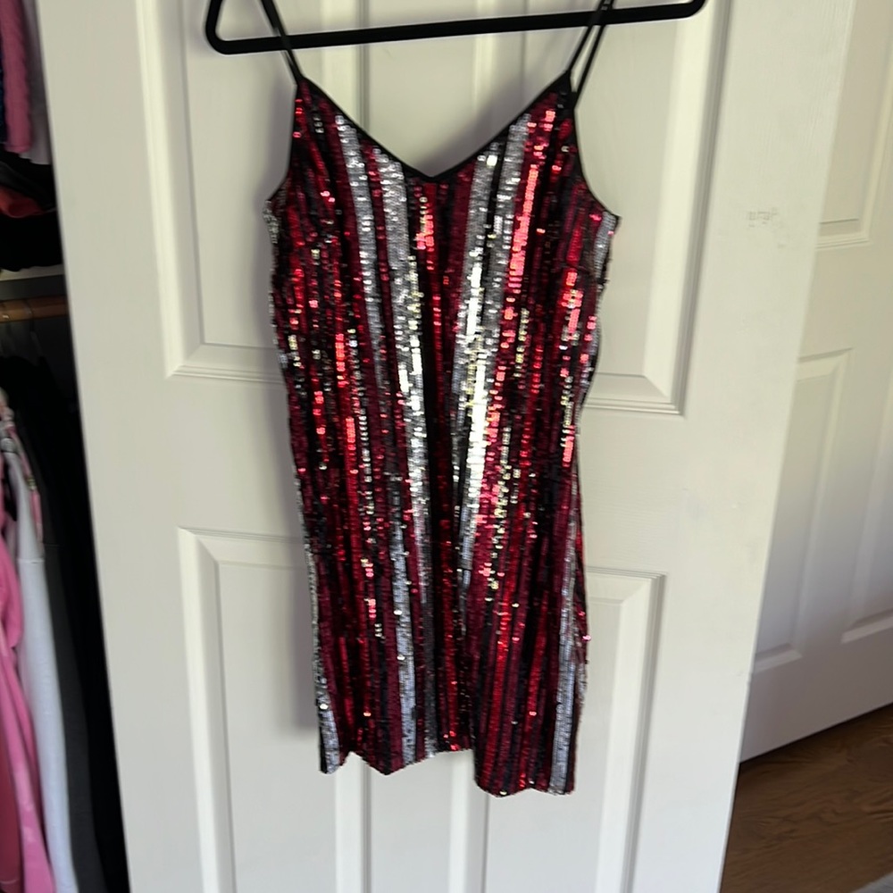 Sequined red silver and black dress